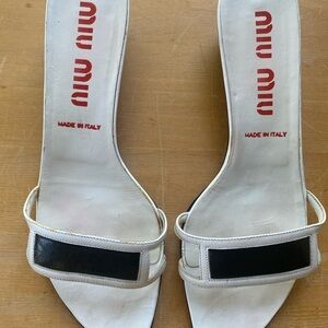 Miu Miu White Leather Slide Sandals with Black Strap Detail Vintage